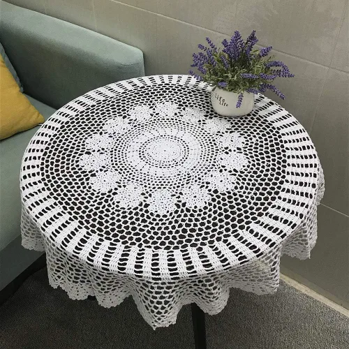 Hetao Mantel redondo de ganchillo 100% algodón hecho a mano, manteles de encaje, color blanco, 35 pulgadas