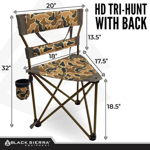 Vista 2 de Black Sierra XL - Taburete de caza con trípode plegable con marco de acero soporta 300 libras, silla de pesca resistente con soporte para tazas