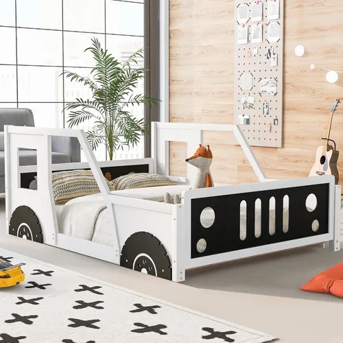 Vista 18 de Cama de plataforma en forma de auto de carreras con ruedas, cama de plataforma de madera tamaño individual con barandilla, cama de plataforma