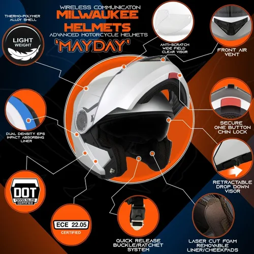 Vista 2 de Milwaukee Helmets H7010 Flat Grey Mayday Modular Casco de motocicleta inalámbrico de cara completa - Stream Music-Llamadas telefónicas