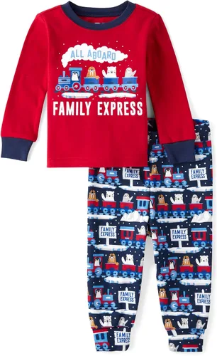Vista 11 de The Children's Place - Conjunto de pijama de manga larga con botones para bebé niño, ajustado, 100% algodón, 2 piezas Bocetos de Dino