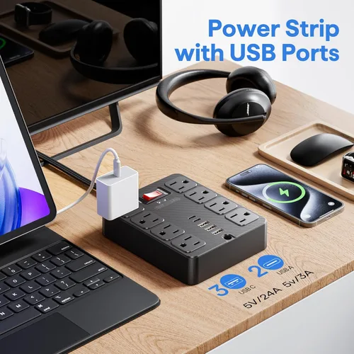 Vista 2 de Tira de alimentación con protector de sobretensiones 13 en 1, enchufe plano, 8 salidas de CA, 3 puertos USB, 1250 W/10 A, cable de extensión de 5