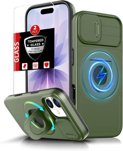 Vista 187 de Funda magnética para iPhone 11 Pro compatible con carga inalámbrica MagSafe, con 2 protectores de pantalla, anillo kickstand de 360° integrado +