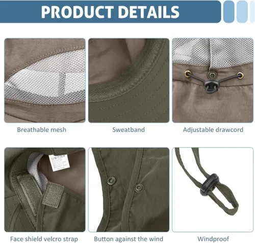 Vista 5 de LCZTN - Sombrero de protección solar de ala ancha, sombrero de pesca con solapa para cara y cuello, protección UPF 50+