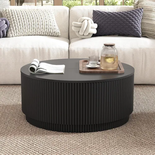 Vista 8 de Mesa de café redonda de 31.5" con almacenamiento, mesas de acento modernas con base estriada, mesa central de madera para sala de estar, espacio