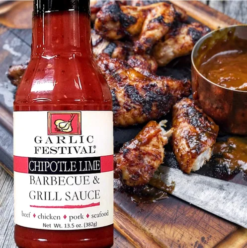 Vista 2 de Garlic Festival Foods Salsa de ajo, chipotle, lima y barbacoa, 13.5 oz.