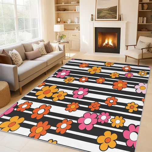 2x3 Retro Floral Throw Rugs for Entryway, Washable 70s 80s Flower Pattern Indoor Door Mat, Bedroom Kitchen Entrance, Non Slip Soft Thin, Black White