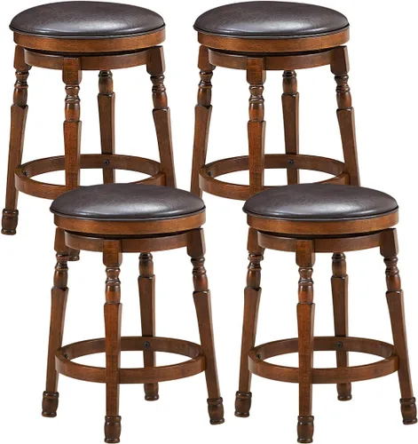 COSTWAY Juego de 4 taburetes de bar sin espalda, taburete redondo de altura de mostrador de 24 pulgadas con asiento acolchado giratorio de 360°,