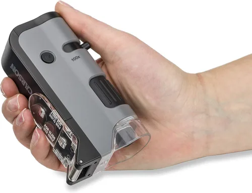 Vista 4 de Carson MicroFlip 100x-250x - Microscopio de bolsillo con luz LED y UV con base deslizante abatible y adaptador con aplicación CarsonCam