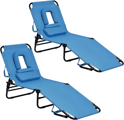 Vista 12 de GYMAX Sillón de playa, silla para tomar el sol, silla plegable ajustable reclinable con agujero para la cara