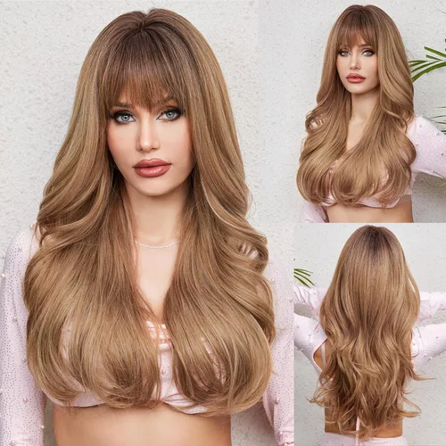 Vista 25 de HAIRCUBE - Peluca marrón con reflejos rubios, peluca larga y rizada con flequillo, peluca marrón de apariencia natural, peluca sintética resistente