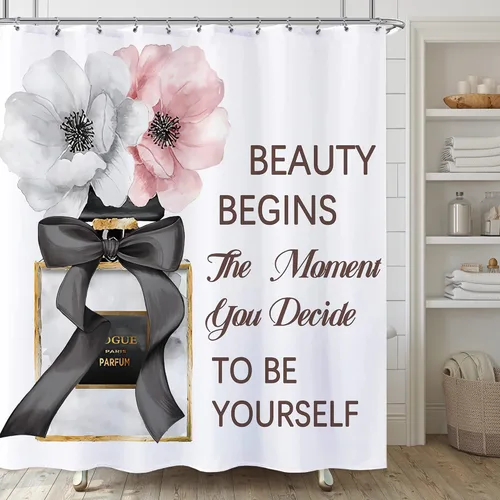 Cortina de ducha con botella de perfume, juego de flores rosas para baño, citas inspiradoras de maquillaje femenino, tela impermeable para bañera,