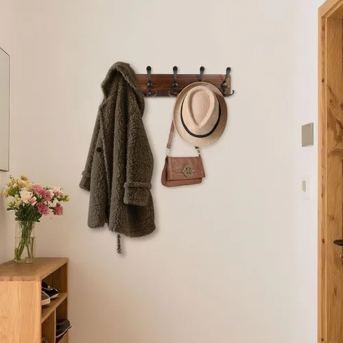 Vista 5 de Perchero de pared rústico para sombreros de 16.8 pulgadas con 5 ganchos triples para colgar abrigos, bolsos, toallas