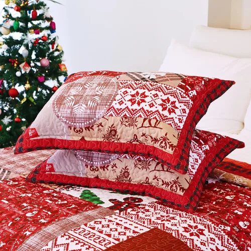 Vista 4 de EVENHUG Juego de edredón de tamaño queen con temática navideña, juego de ropa de cama con fundas de almohada reversibles, colcha floral roja ligera