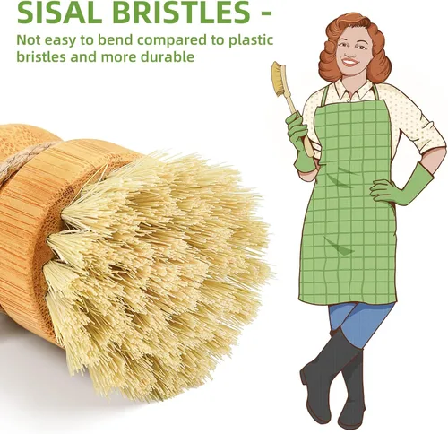 Vista 2 de SUBEKYU - Juego de cepillos de bambú para platos de cocina, juego de estropajos de limpieza de madera para lavar sartenes/ollas de hierro fundido