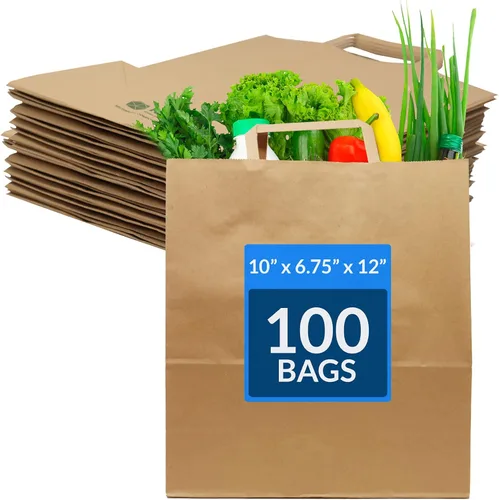 Reli. Bolsas de papel kraft con asas (100 unidades, a granel) (grandes de 10 x 6.75 x 12 pulgadas), papel marrón para llevar, restaurante, bolsas