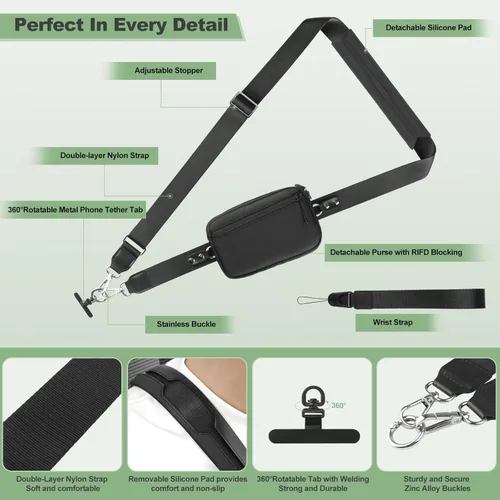 Vista 5 de YFWE Correa de clip and go para teléfono con cartera cruzada, cordón ajustable para teléfono con cartera RFID desmontable, correa universal