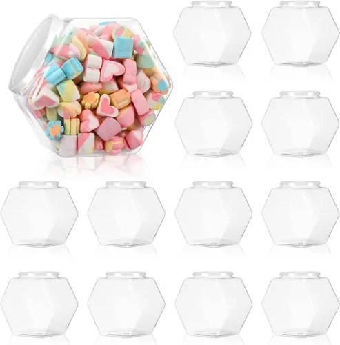 Vista 7 de Yahenda 8 tarros hexagonales de plástico para galletas con tapas herméticas, tarros transparentes para dulces, boca ancha y redonda