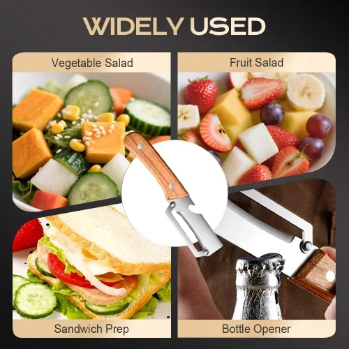 Vista 6 de Pelador de verduras multifuncional, hoja de acero inoxidable con mango de madera para frutas y verduras (1 unidad)