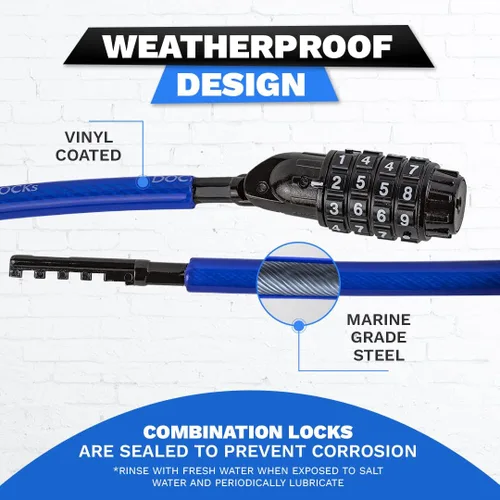 Vista 4 de DocksLocks Candado de cable de seguridad recto resistente a la intemperie (longitudes de 5 pies a 25 pies) con combinación reiniciable, protección