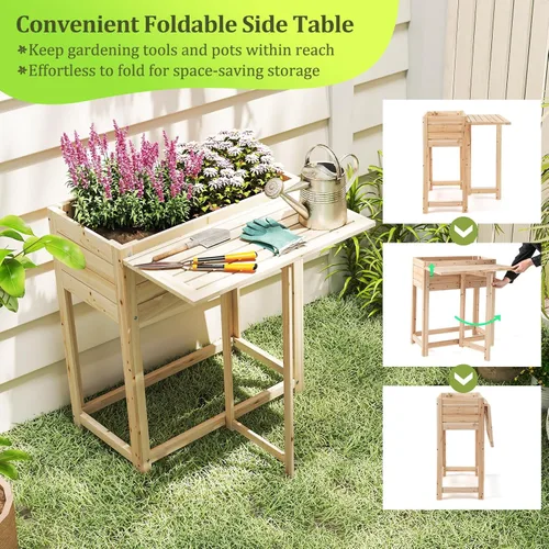Vista 4 de Giantex Cama de jardín elevada de madera con mesa plegable de hojas caídas, maceta para flores, hierbas, verduras, frutas, camas elevadas