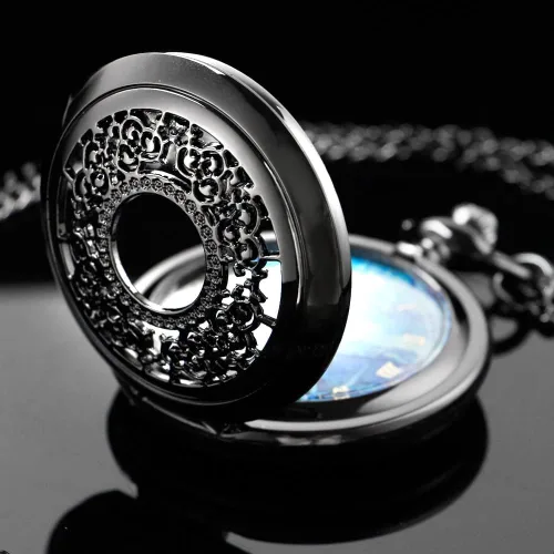 Vista 4 de Tiong Reloj de bolsillo con diseño de estrella azul hueca números romanos cuarzo con cadena regalos de cumpleaños de Navidad