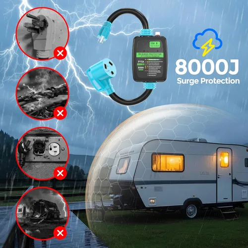 Vista 4 de CircleCord Cable adaptador protector contra sobretensiones RV de 30 amperios a 110 voltios, 8000 julios, NEMA TT-30R a 5-15P, protección contra