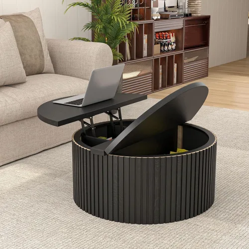 Vista 6 de Fsbecl Mesa de Centro de Tapa Elevable Acanalada con Almacenamiento Oculto, Mesa de Centro Redonda de 31.6 Pulgadas para Sala de Estar, Mesas Negro