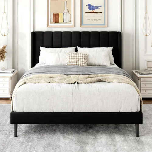 Vista 97 de Base de cama tamaño Queen con cabecera tapizada con respaldo de ala, plataforma de fácil montaje, soporte de listones de madera, no necesita somier