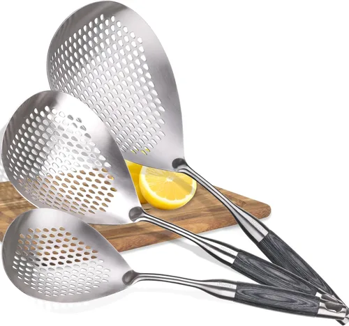 Vista 17 de MARTE Cuchara ranurada de 14.8 pulgadas para pasta, cuchara para cocinar y freír, cuchara coladora de cocina con mango de madera negra resistente al