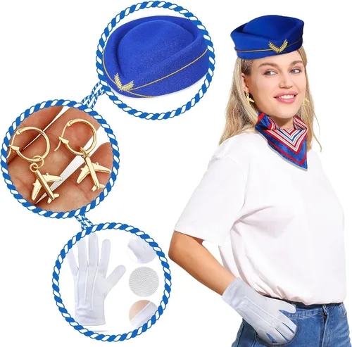 Vista 5 de LaVenty Accesorios de disfraz de azafata para mujer, accesorios de disfraz de azafata, sombrero, aretes, gafas de sol, bufanda, guantes