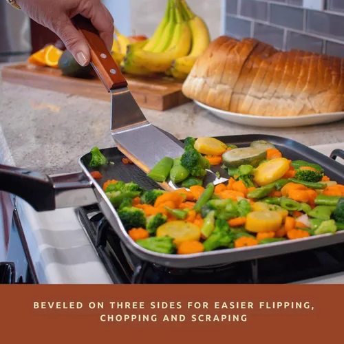 Vista 2 de Bellemain Espátula de acero inoxidable Turner resistente con bordes biselados y mango de madera dura Espátula de metal grande para sartén