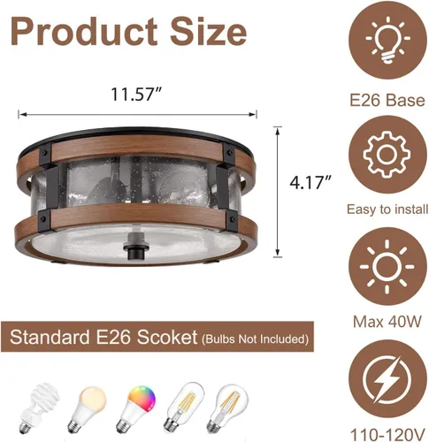Vista 5 de DEYNITE Lámpara de techo de granja con 2 luces para pasillo, acabado de grano de madera rústica y negra con pantalla de vidrio transparente