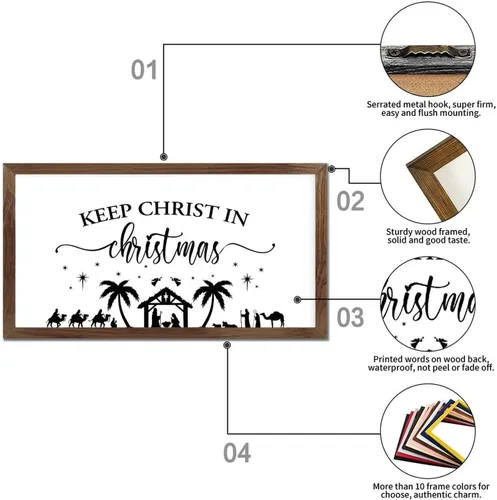 Vista 3 de Letrero de madera de estilo rústico de 12 x 22 pulgadas con cita positiva de vida, belén con texto en inglés Keep Christ in Christmas, versículos