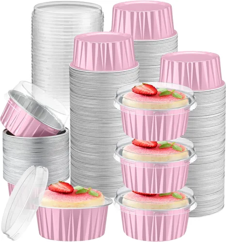 Vista 30 de Gejoy 400 Piezas Moldes de Papel de Aluminio para Hornear con Tapas 5 oz Moldes Desechables Ramekins Mini Moldes para Pasteles Crème Brûlée Moldes