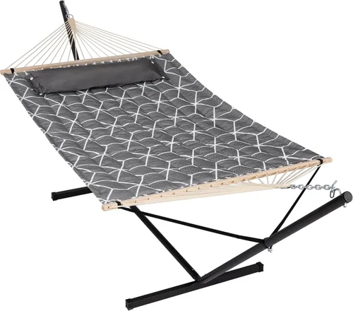 Vista 9 de ANOW Hamaca doble con combo de soporte de acero resistente de 12 pies, hamaca acolchada para 2 personas con soporte para exterior, capacidad