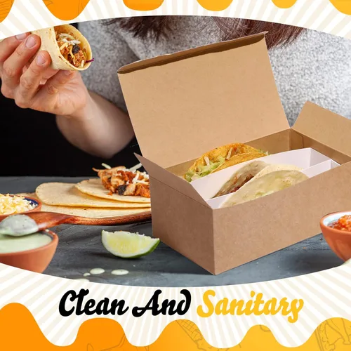 Vista 6 de Cajas de tacos con divisores de pie, contenedores de comida para llevar tacos de tres compartimentos, cartón kraft, almacenamiento desechable