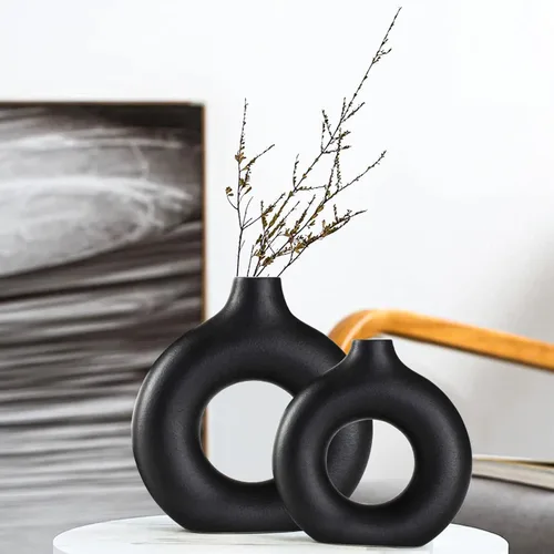 Juego de 2 jarrones de cerámica, moderno jarrón redondo negro rústico para decoración del hogar, diseño de cerámica en forma de dona aplicable para