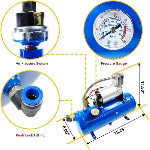 Vista 3 de Compresor de aire DC de 12V 150PSI con tanque de 6 litros 1.6 galones Apto para bocinas de tren neumáticos de autocaravana Compresor de aire