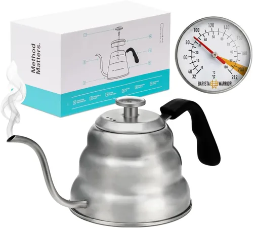 Vista 8 de Barista Warrior - Hervidor de café de cuello de cisne con termómetro – Hervidor de cuello de cisne para café y té, de acero inoxidable para todas