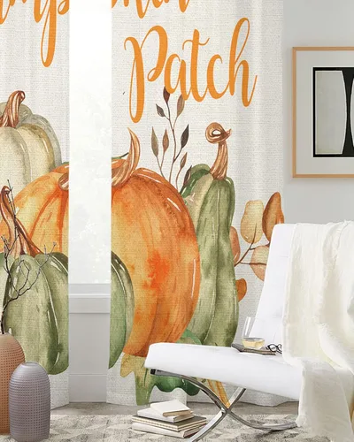 Vista 3 de Cortinas traslúcidas con parche de calabazas de 39 pulgadas de largo, juego de 2 paneles de cortinas para cocina, dormitorio, sala de estar