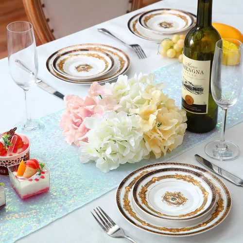 Vista 6 de Juego de 5 caminos de mesa de lentejuelas iridiscentes de 12 x 108 pulgadas, camino de mesa rectangular con purpurina para cumpleaños, bodas