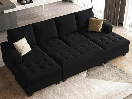 Vista 3 de Belffin Sofá cama modular convertible de terciopelo de 4 asientos con diván reversible, sofá cama seccional con almacenamiento otomano seccional