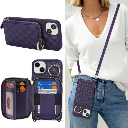 Vista 18 de Funda tipo cartera con bandolera para iPhone 15 Pro Max, funda de piel sintética con cierre de cremallera, funda tipo atril con ranuras