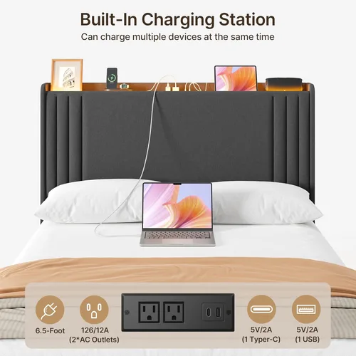 Vista 86 de Gizoon Base de cama matrimonial con cabecera de ala, plataforma tapizada con cabecera geométrica moderna, listones de madera, sin ruido, no necesita