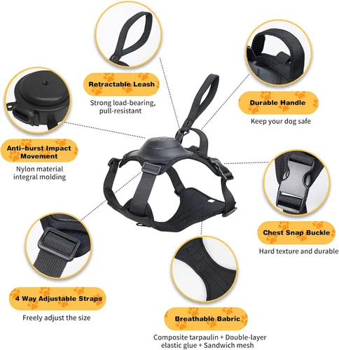 Vista 3 de Arnés para perro todo en uno con correa retráctil, arnés para perro sin tirones, función automática de impacto antiestallido y manos libres, arnés