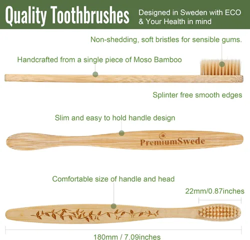 Vista 2 de Cepillos de dientes de bambú cerdas suaves para adultos, paquete de 8 cepillos de dientes de bambú ecológicos envueltos individualmente, cepillo