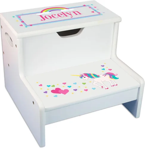 Vista 12 de Taburete para niños con guirnalda floral rosa gris y rosa personalizada con almacenamiento (castillo de princesa)