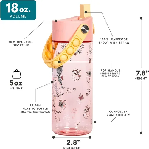 Vista 263 de Elemental Botellas de agua para niños – Botella de agua para niños Splash para la escuela con mango Pop-it – Botella de agua de plástico Tritan sin