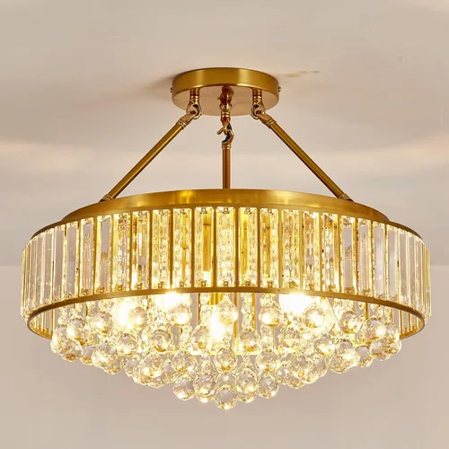 Vista 12 de YYJLX Lámpara de araña de cristal redonda grande moderna de 6 luces, cromada, de montaje semiempotrado, lámpara de techo E26 para comedor, sala